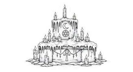 Naklejka premium Pagan tiered candle altar with moon, pentagram, and ankh symbols in black and white line art. Winter solstice ritual.