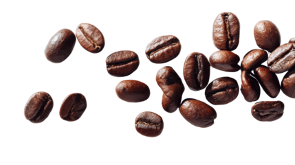 Coffee beans scattered on a white background, perfect for beverage or culinary-related themes.