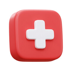 Obraz premium A vibrant, three-dimensional rendering showcases a red square with rounded edges, featuring a prominent white cross at the center, symbolizing healthcare and assistance.