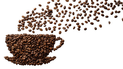 Coffee beans swirling from a cup, white isolate background.