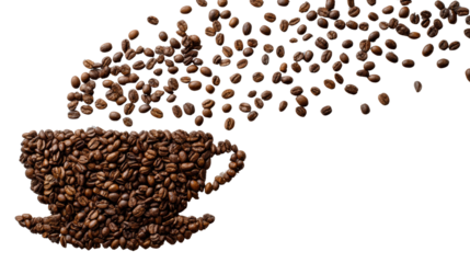 Coffee beans swirling from a cup, white isolate background.