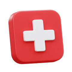 A vibrant, three-dimensional rendering showcases a white cross emblem centered on a red, square-shaped background, symbolizing concepts of aid and assistance.