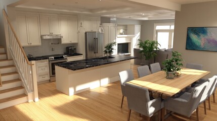 Open-plan kitchen and dining area in a modern home.