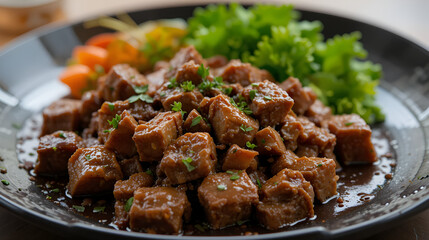close  up diced beef steak serve on black dish