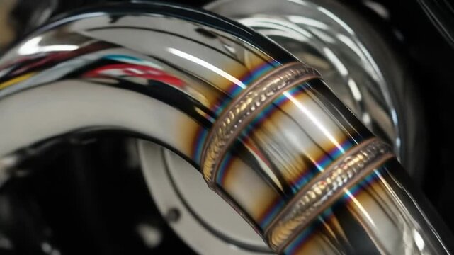 Gleaming welded metal Chrome tubing, shiny surface, with evident heat discoloration pattern