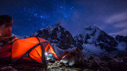 Tent under starry sky at mountain base camp, warm lantern glow inside, celestial effect.