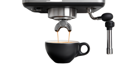 Espresso machine pouring coffee into a black cup on a white isolated background.