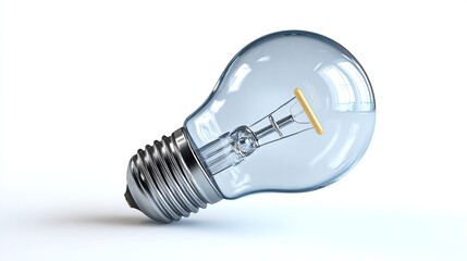 A clear glass lightbulb, slightly tilted, rests on a white surface.  Its metallic base is visible, and a simple filament is inside. The bulb is rendered with a realistic, 