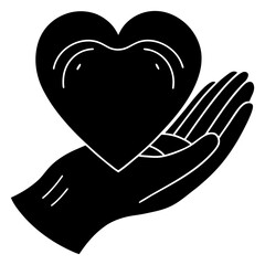 A black silhouette of an open hand gently holding a large heart shape isolated on white background silhouette.