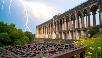 A weathered metal table sits amidst a backdrop of an ancient, ruined structure, bathed in the light of a storm-filled sky.