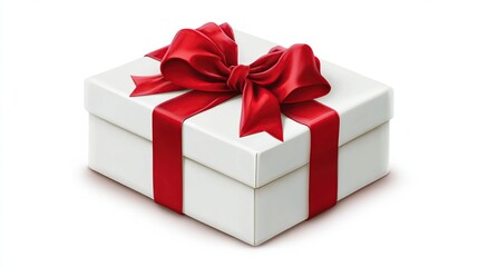 Glossy white gift box with lush red ribbon bow, presented diagonally