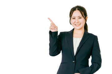 指差しをするビジネスウーマン（ポイント・アドバイス・説明・注目）
