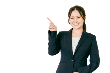 指差しをするビジネスウーマン（ポイント・アドバイス・説明・注目）
