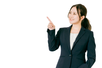 指差しをするビジネスウーマン（ポイント・アドバイス・説明・注目）
