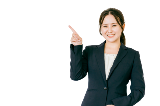 指差しをするビジネスウーマン（ポイント・アドバイス・説明・注目）

