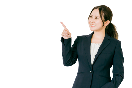 指差しをするビジネスウーマン（ポイント・アドバイス・説明・注目）
