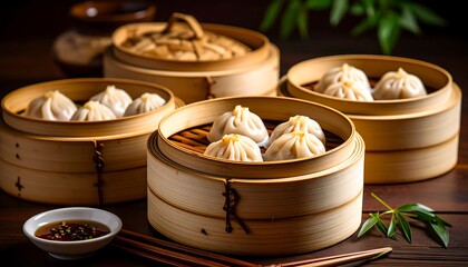 Steamed dumplings, a delectable culinary delight, are presented in traditional bamboo steamers, showcasing the vibrant flavors of Asian cuisine.