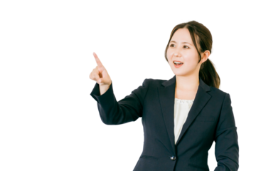 指差しをするスーツ姿のビジネスウーマン（発見・見つける・ポイント）
