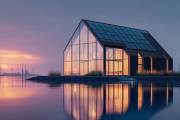 Obraz premium Futuristic smart home on water in Florida USA with sleek black rooftop solar panels at sunset 