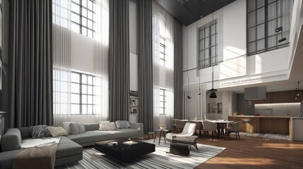 Fototapeta premium Open-plan loft apartment interior showcasing modern design.