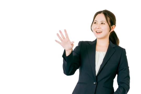 声かけをするビジネスウーマン（挨拶・コミニュケーション・おはよう）
