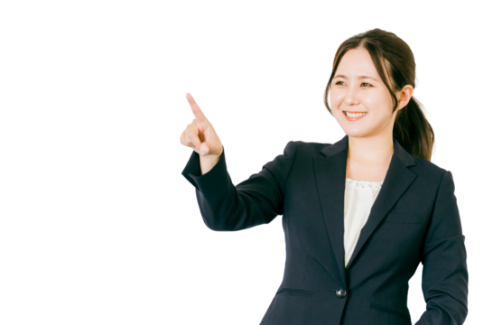 指差しをするスーツ姿のビジネスウーマン（プレゼン・説明・チェック・案内・ポイント）
