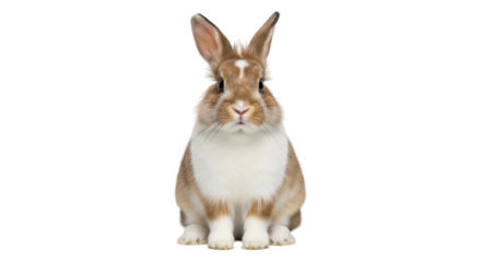 Adorable brown and white rabbit sitting attentively on a black background showing its front profile and looking forward with clear focus