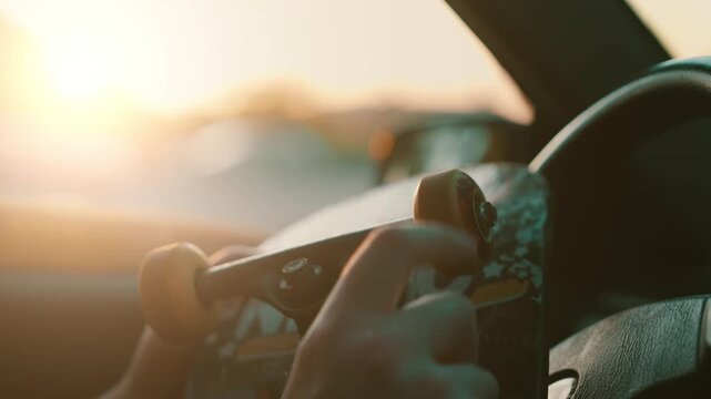 Driver Holding Skateboard in Parked Car with Spinning Wheel | Urban Mobility and Alternative Transportation Concept | Summer Evening Commute with Eco-Friendly Vehicle