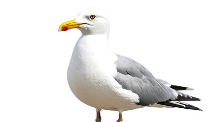 Obraz premium Close-up of a seagull, showcasing its striking white plumage and dark gray wings, with a vibrant yellow beak against a clean white background.