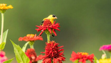 A goldfinch perches serenely atop vibrant red zinnia flowers, bathed in the soft light of a summer garden.