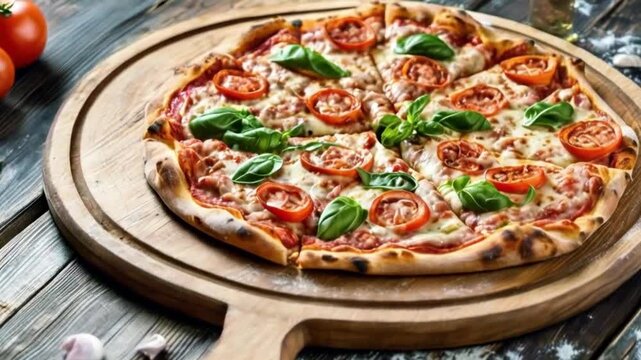 Pizza on wooden board with copy space. Italian delicious food..