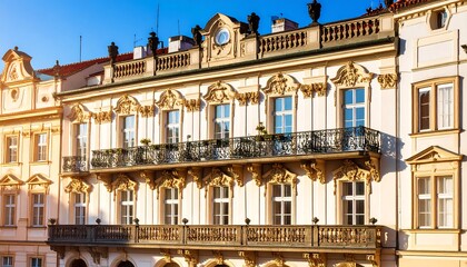 Ornate Baroque Facade with Elaborate Balconies and Windows in Sunlight.