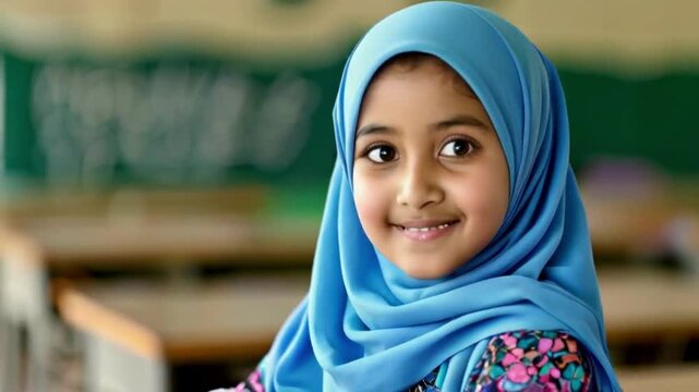 Portrait of a Muslim girl hijab in classroom. Her hijab symbolizes her faith, values, and commitment to learning. Knowledge gives confidence in the future in today's developing world..