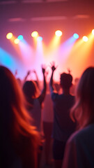 Blurred image of a crowd of young people dancing and enjoying a music festival. Colorful stage lights, intense bokeh effect, vertical shot.