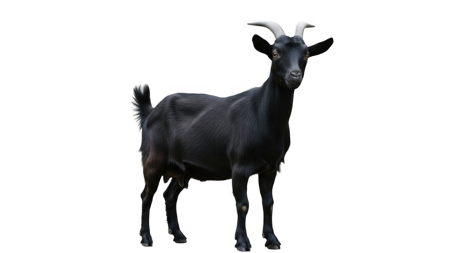 A Majestic Black Goat Stands Proudly in Natural Light Showcasing its Horns and Fur