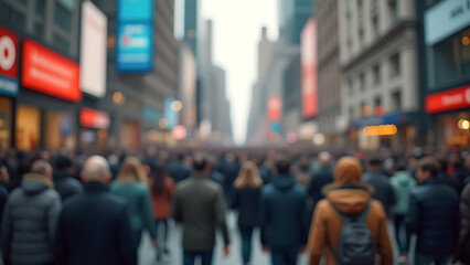 Blurred image of a group of people walking together on a blurry city street.