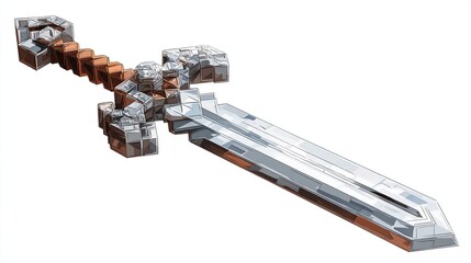 Pixelated isometric sword with brown and silver, on a white background