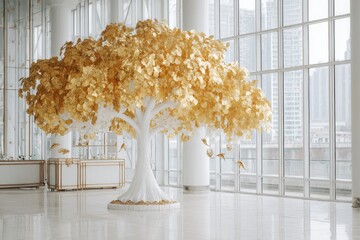 Ornate gold leaf tree sculpture in a modern interior.