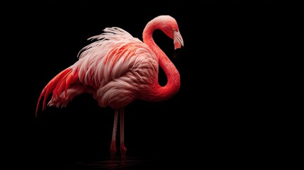 Obraz premium Elegant pink flamingo stands serenely against a stark black background, feathers ruffled by an unseen breeze