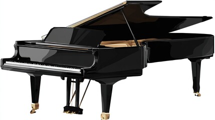 Elegant black grand piano with open lid, shining and ready to play music