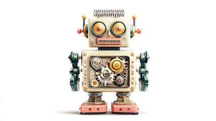 Obraz premium Toy robot with visible gears and big eyes stands on a white background