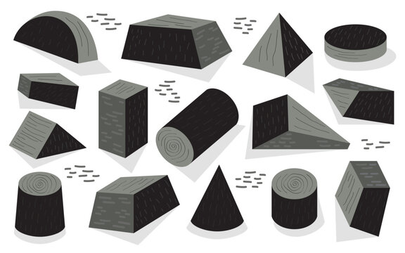 Black and gray textured abstract isolated surface geometric three dimensional shapes in minimal modern form set and flat sketch style with shadows on white background