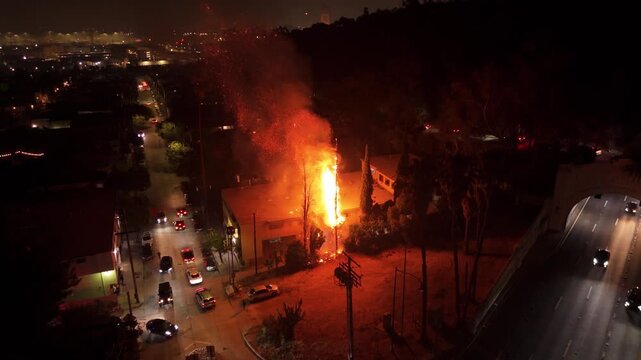 4K Aerial Night Footage of Tree Burning After July 4th Fireworks in LA &ndash; Los Angeles Wildfire Scene, Independence Day Fire Accident, California Nighttime Drone Video, Urban Fire, Holiday Fireworks