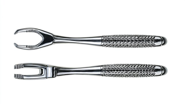 Shiny metal surgical instruments with textured handles on a bright white background