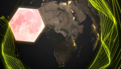 A vibrant, hexagonal moon graphic floats above a detailed globe map, encircled by a network of luminous green lines, creating a captivating and futuristic aesthetic.