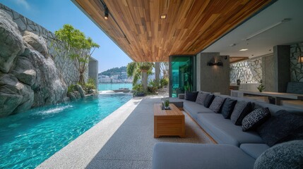 Fototapeta premium Modern outdoor living area with a swimming pool and a spacious lounge.