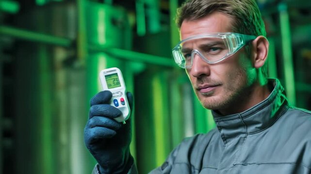 Focused Industrial Engineer in Protective Gear Carefully Monitors a Digital Device in a Modern, Green-Lit Manufacturing Plant.