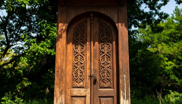 Ornate Wooden Door with Intricate Carvings Set Amidst Lush Green Foliage. - Powered by Adobe