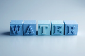 Fototapeta premium Blue matte letter cubes spelling “WATER” in aqua letters, placed on a soft grey surface with gentle lighting and minimal style.