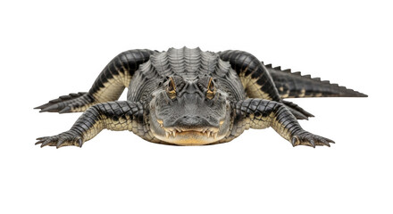 Fototapeta premium Close Up Front View of an American Alligator with Open Mouth Showing Teeth on a Black Background